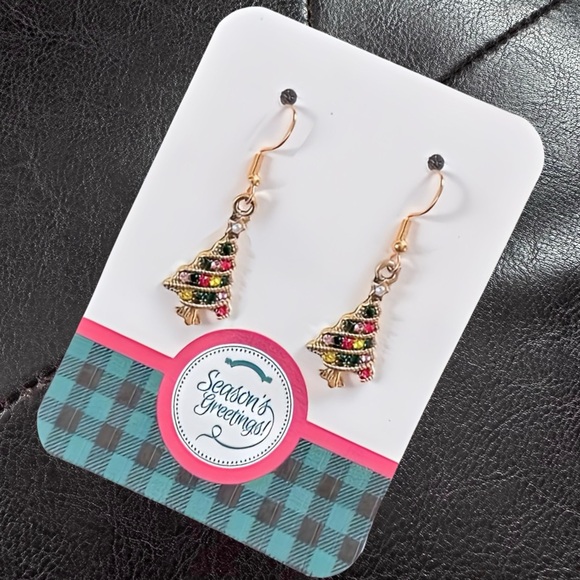 New Gold-Tone Swirling Christmas Tree Dangle Earrings w/ Colorful Sparkly Gems - Picture 2 of 6